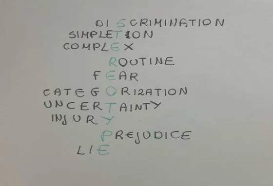 The ten words of the essay written out by hand, one letter of each picked out in colour to spell STEREOTYPE