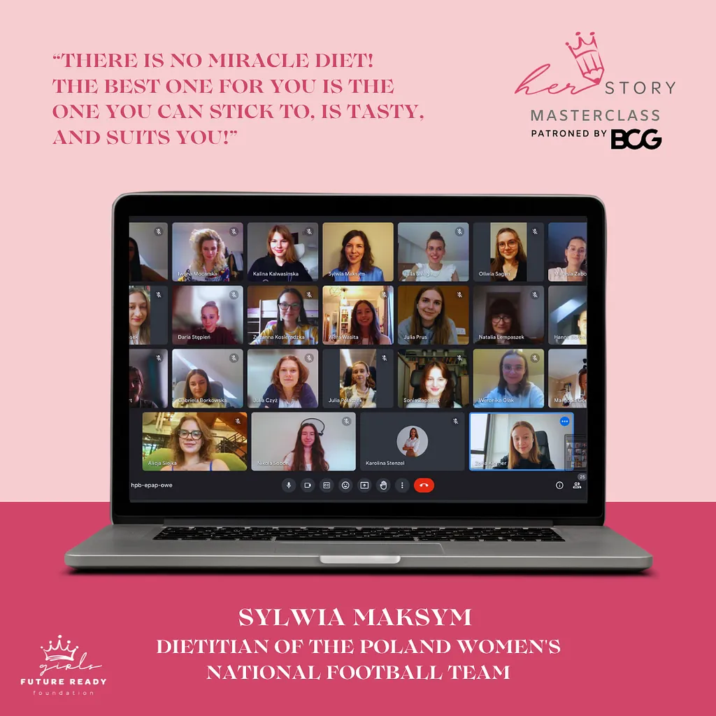 The masterclass on a laptop screen, a grid of participants, captioned with Sylwia Maksym, dietitian of the Poland women’s national football team, and her line that the best diet is the one you can stick to