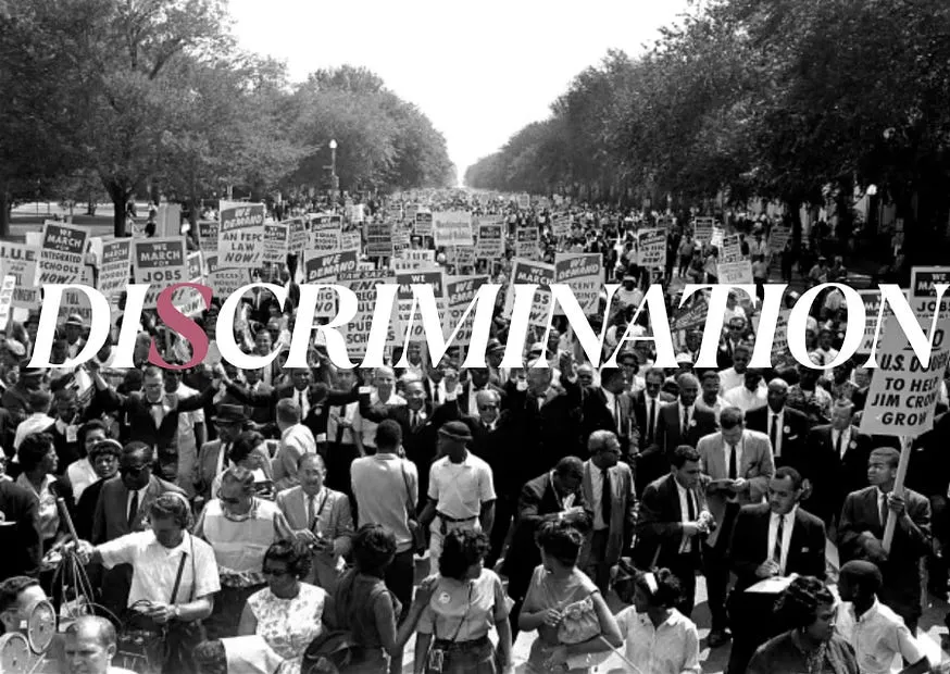 The word DISCRIMINATION set across a photograph of a vast civil-rights march filling a tree-lined avenue, marchers carrying placards