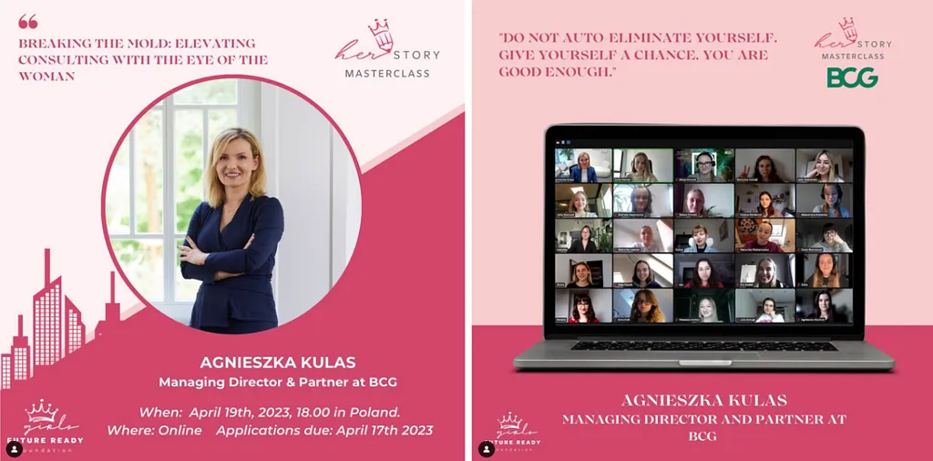 Photorelation of the first #HerStory Masterclass with BCG hosting Agnieszka Kulas.