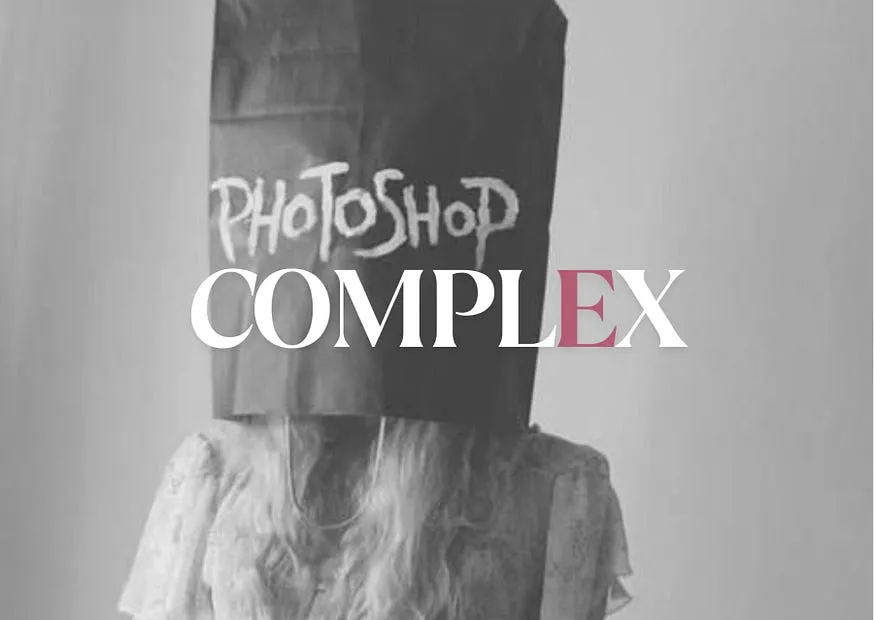The word COMPLEX set across a photograph of a woman with a paper bag over her head, PHOTOSHOP written on it