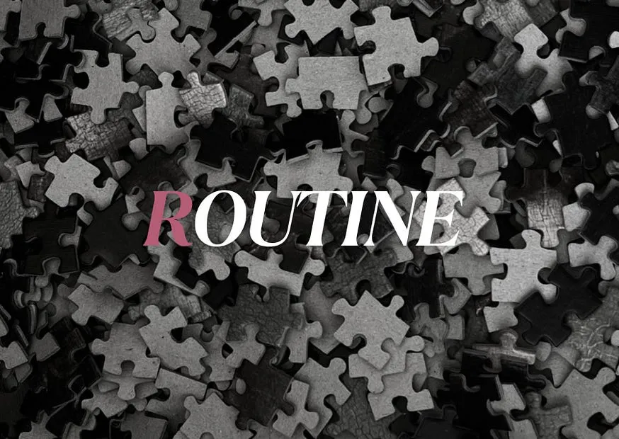 The word ROUTINE set across a photograph of a heap of jigsaw pieces filling the frame
