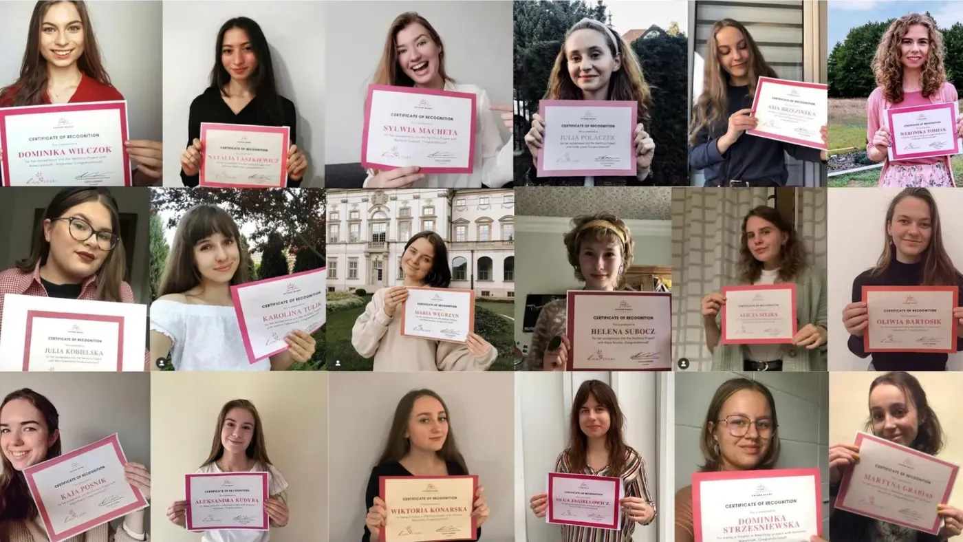 A grid of portraits of #HerStory participants, each holding her certificate